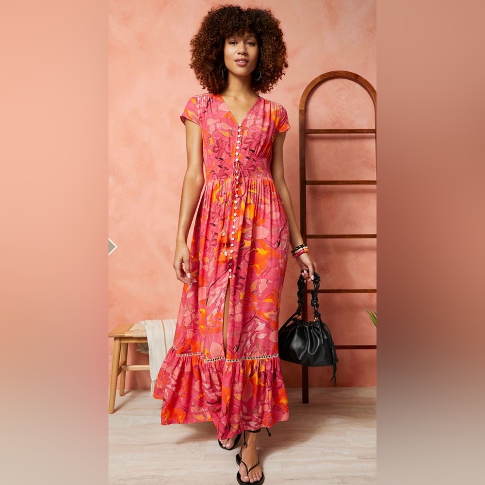 Coco + Carmen Pink and Orange Button Front Maxi Dress